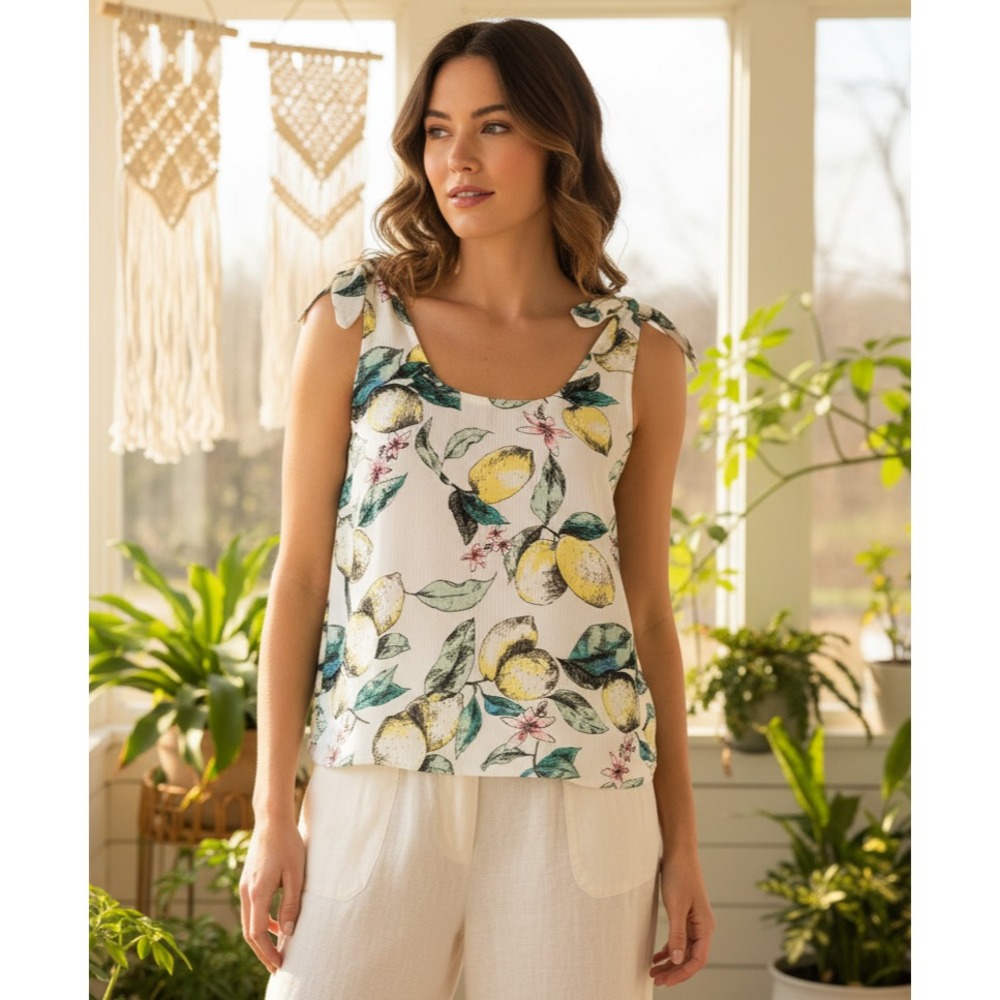 NEW So White S Lemon Print‎ Tie Shoulder Tank Top Cottage Y2K Whimsy Kitschy